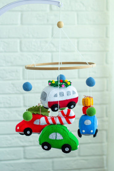Christmas Car Baby Mobile – Handmade Felt Nursery Decor with Cars & Gifts - WoollyFox