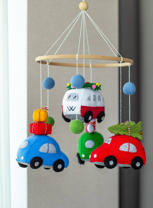 Christmas Car Baby Mobile – Handmade Felt Nursery Decor with Cars & Gifts - WoollyFox