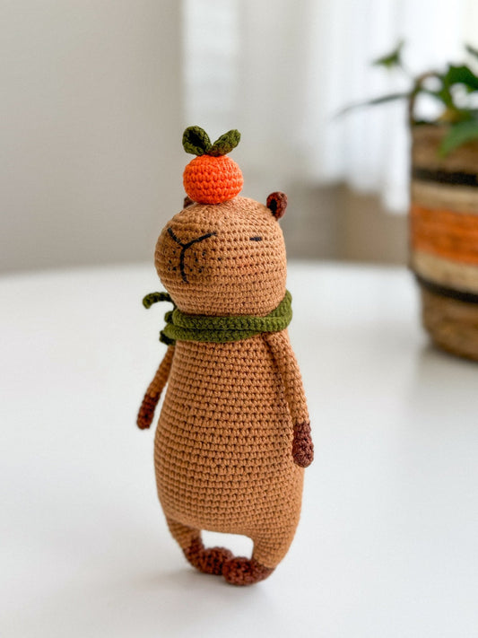 Crochet Capybara Toy with Orange and Scarf – Handmade Amigurumi Gift - WoollyFox