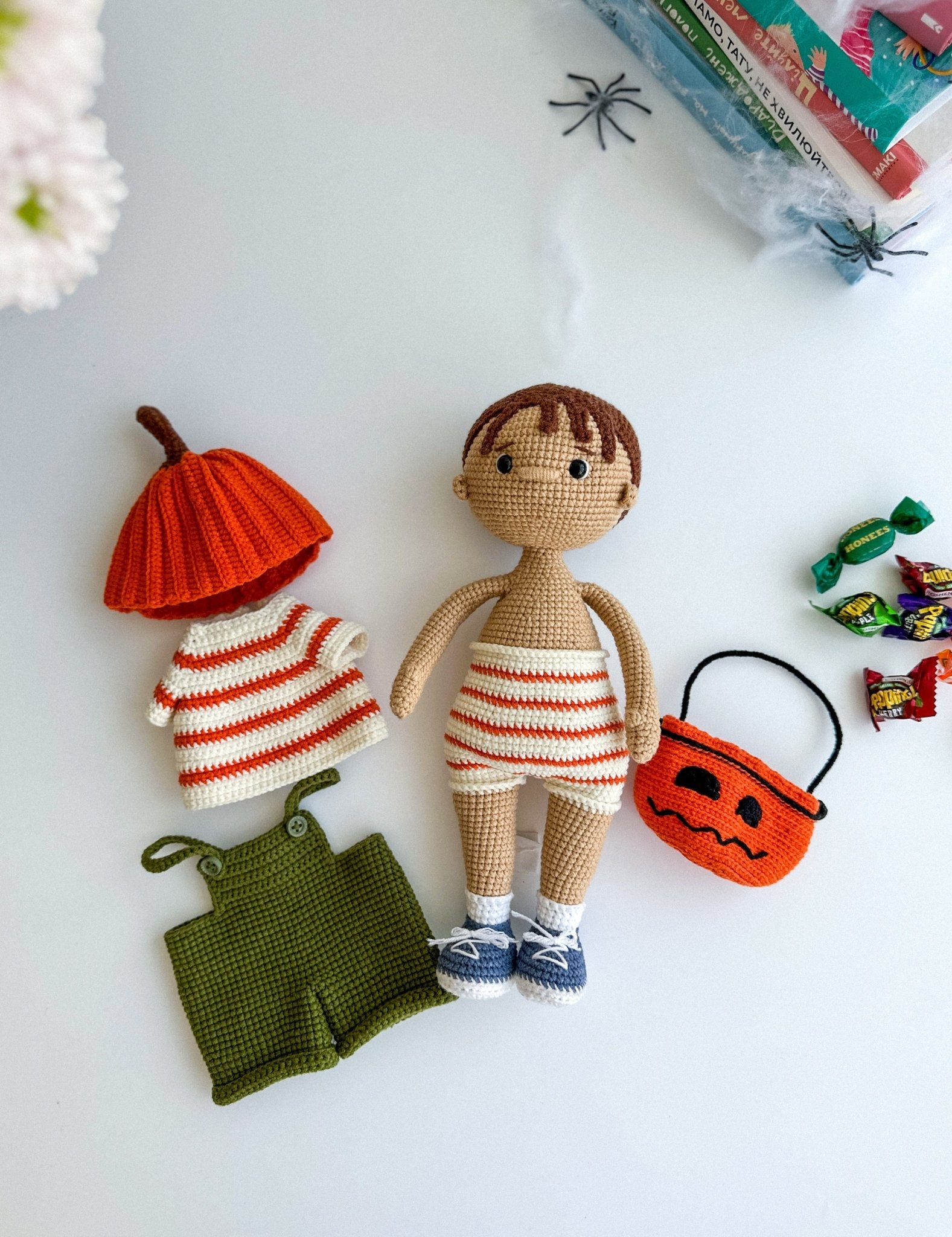 Crochet Halloween Boy Doll – Amigurumi Pumpkin Outfit, Trick or Treat Basket, Handmade Fall Decor Gift - WoollyFox