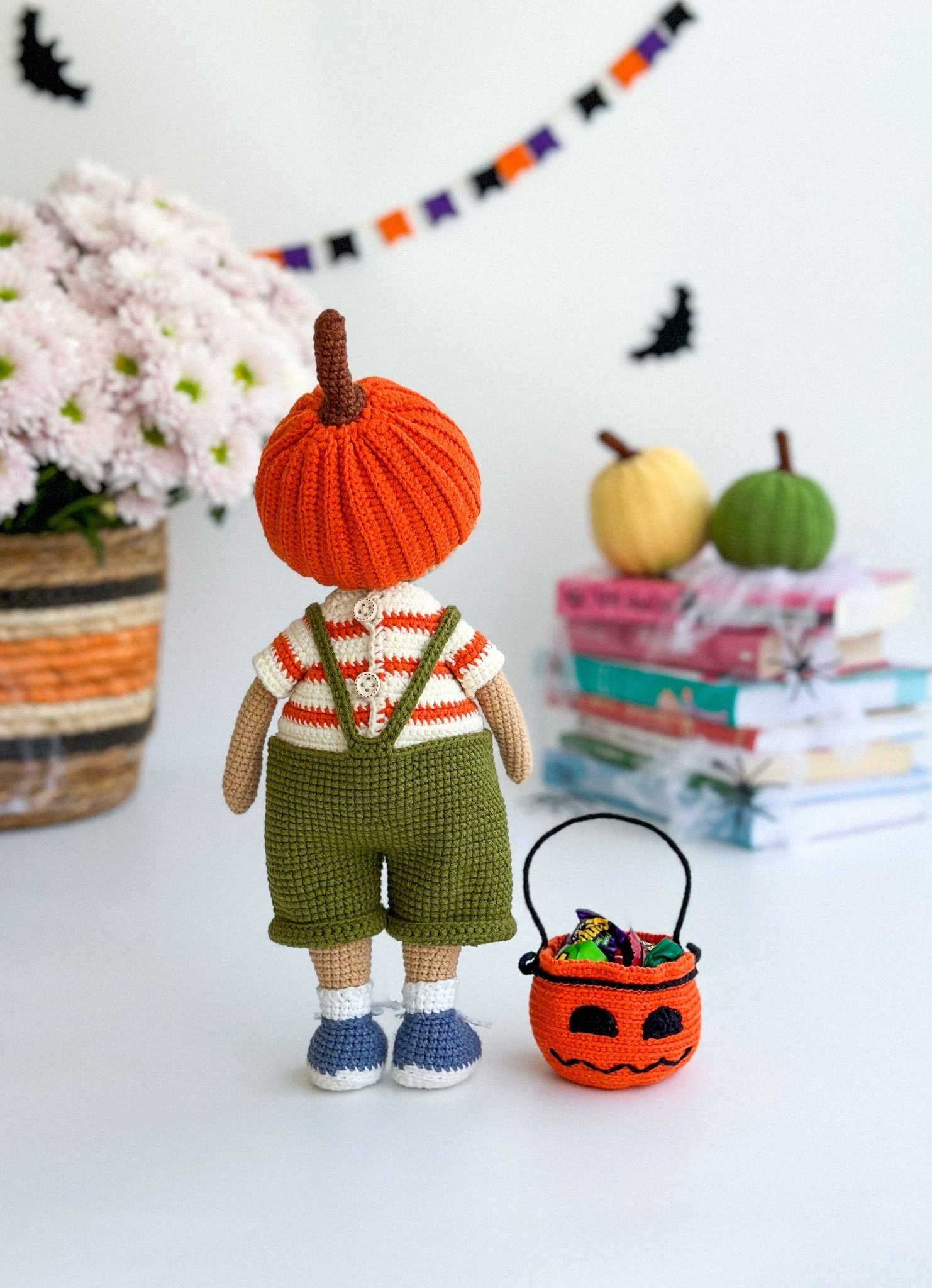 Crochet Halloween Boy Doll – Amigurumi Pumpkin Outfit, Trick or Treat Basket, Handmade Fall Decor Gift - WoollyFox