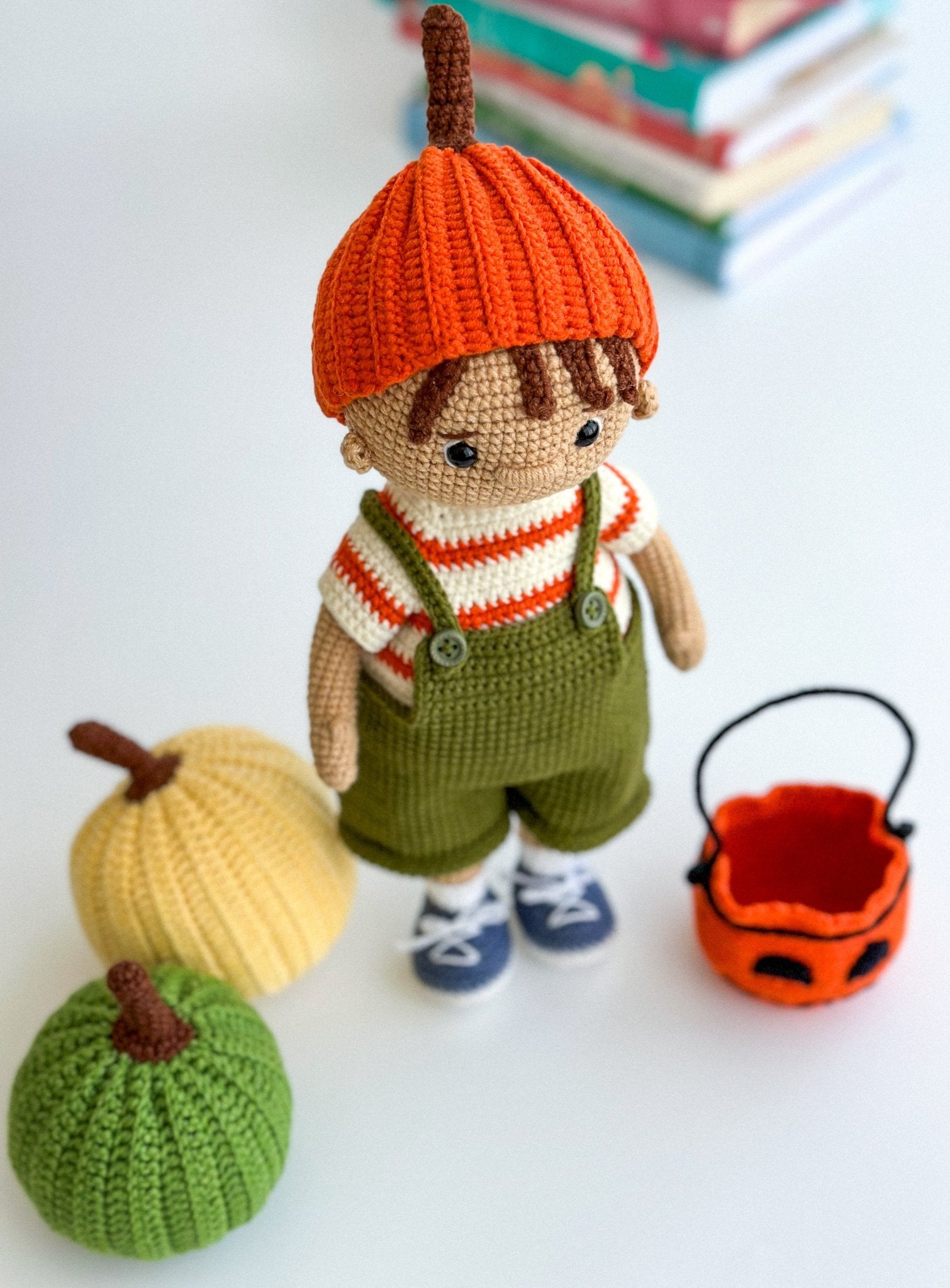 Crochet Halloween Boy Doll – Amigurumi Pumpkin Outfit, Trick or Treat Basket, Handmade Fall Decor Gift - WoollyFox