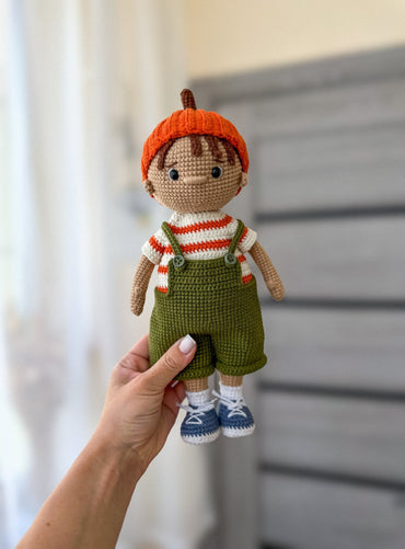 Crochet Halloween Boy Doll – Amigurumi Pumpkin Outfit, Trick or Treat Basket, Handmade Fall Decor Gift - WoollyFox