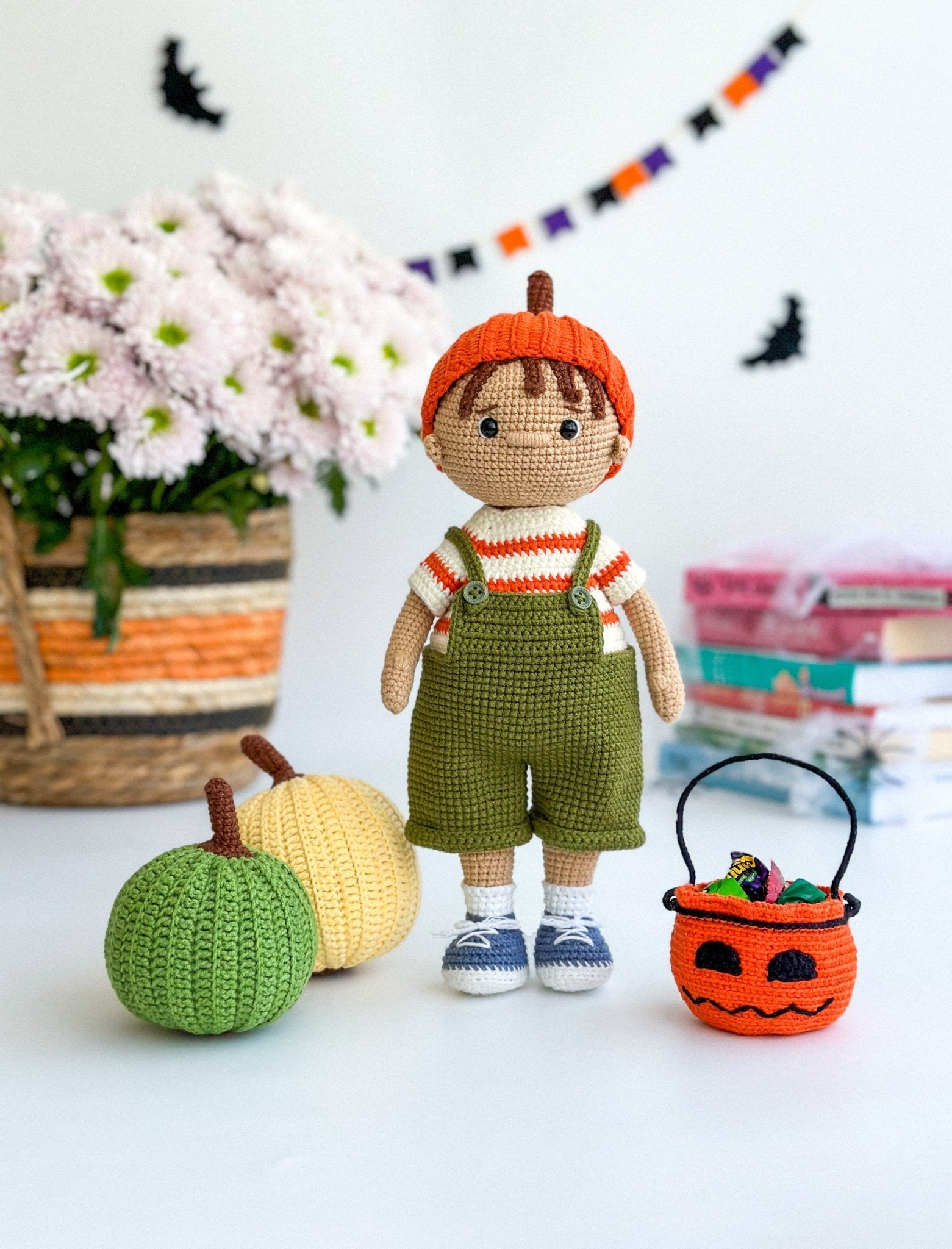 Crochet Halloween Boy Doll – Amigurumi Pumpkin Outfit, Trick or Treat Basket, Handmade Fall Decor Gift - WoollyFox