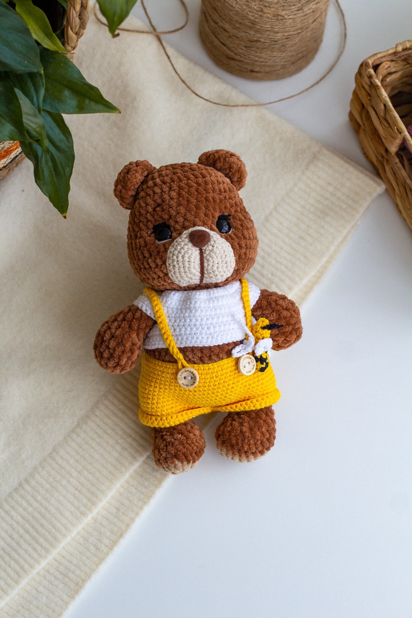 Crochet Plush Teddy Bear – Handmade Soft Toy in Overalls - WoollyFox