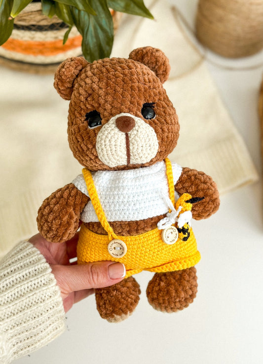 Crochet Plush Teddy Bear – Handmade Soft Toy in Overalls - WoollyFox