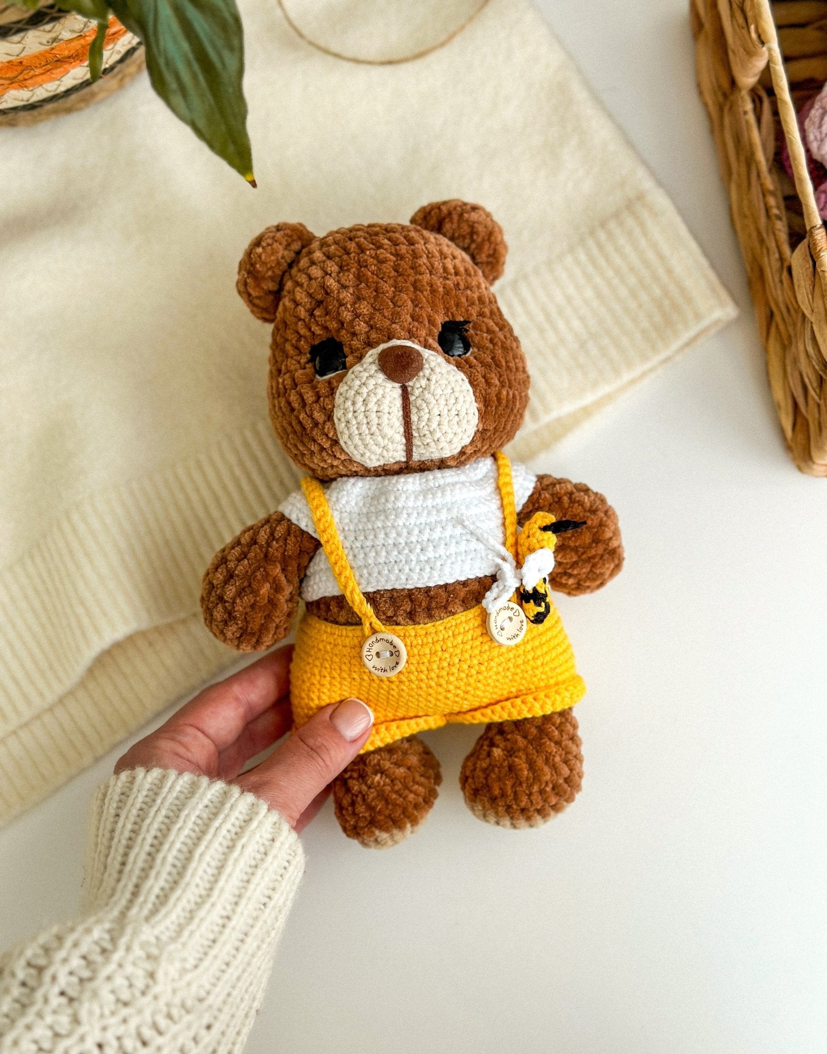 Crochet Plush Teddy Bear – Handmade Soft Toy in Overalls - WoollyFox