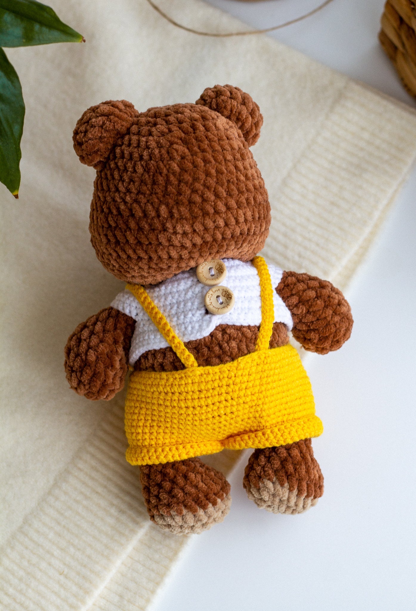 Crochet Plush Teddy Bear – Handmade Soft Toy in Overalls - WoollyFox