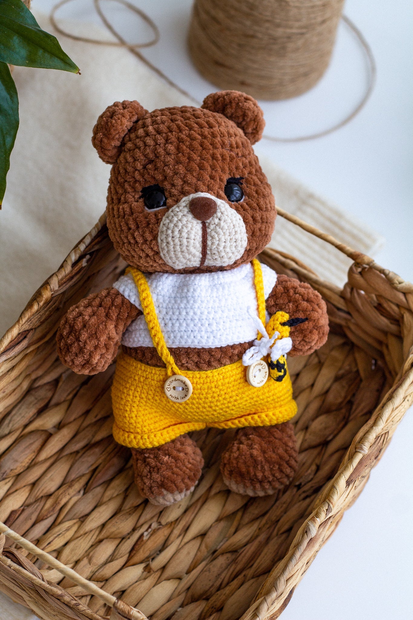 Crochet Plush Teddy Bear – Handmade Soft Toy in Overalls - WoollyFox