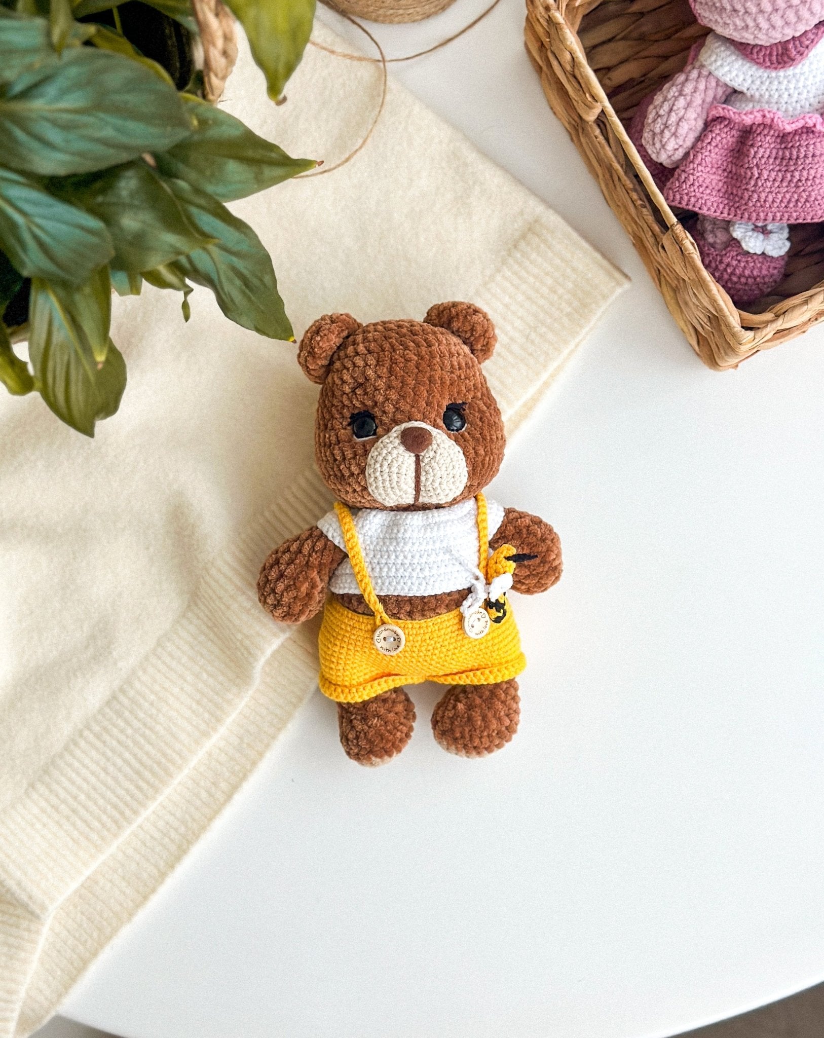 Crochet Plush Teddy Bear – Handmade Soft Toy in Overalls - WoollyFox