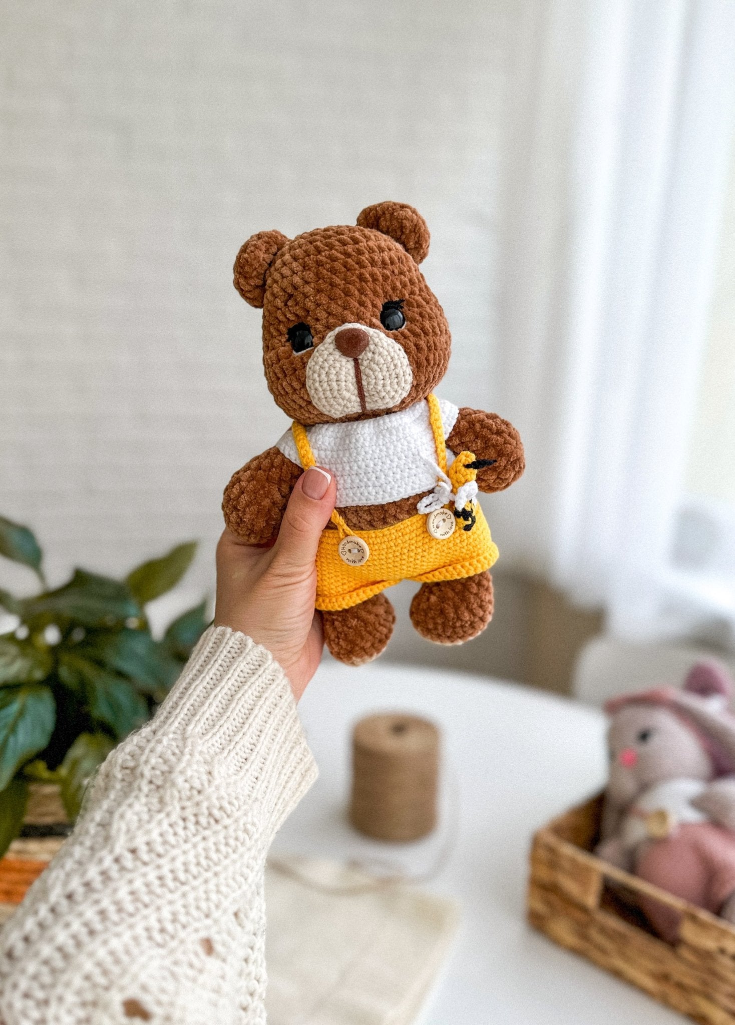Crochet Plush Teddy Bear – Handmade Soft Toy in Overalls - WoollyFox