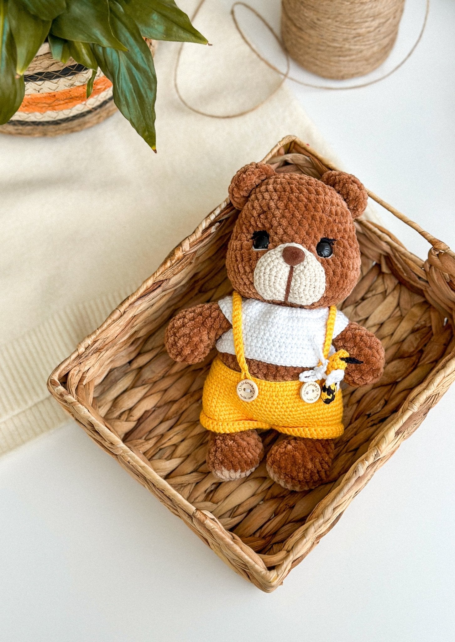 Crochet Plush Teddy Bear – Handmade Soft Toy in Overalls - WoollyFox