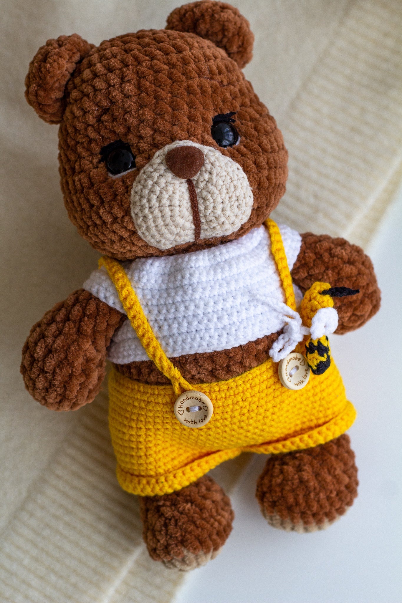 Crochet Plush Teddy Bear – Handmade Soft Toy in Overalls - WoollyFox