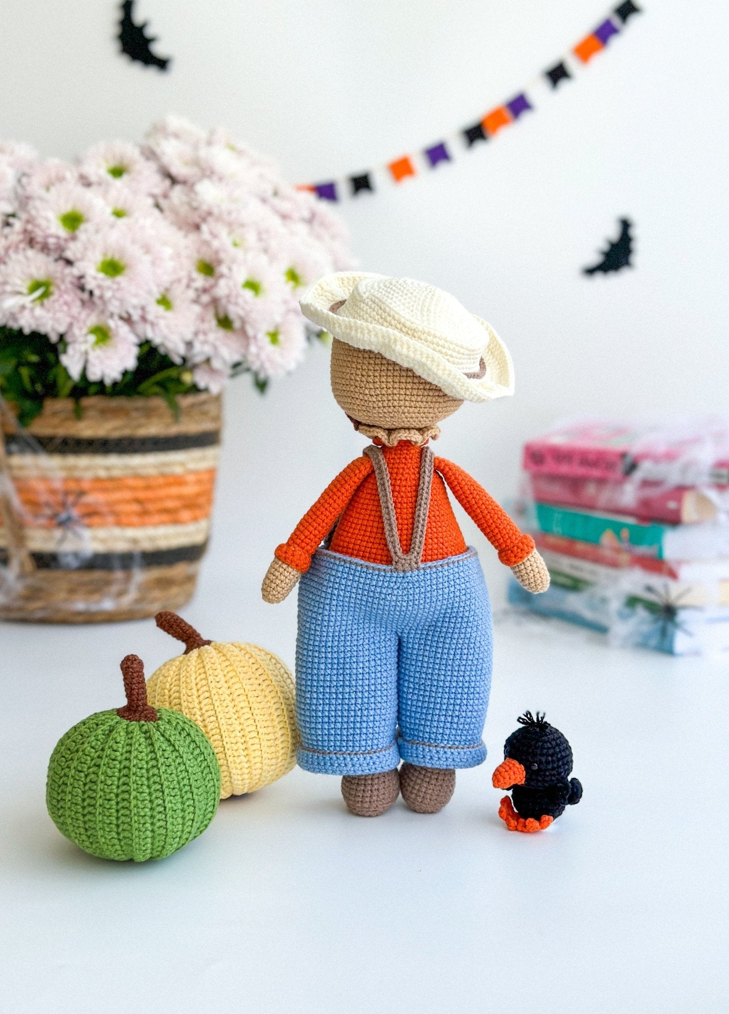 Crochet Scarecrow Doll with Pumpkins & Crow – Handmade Halloween Amigurumi Gift - WoollyFox