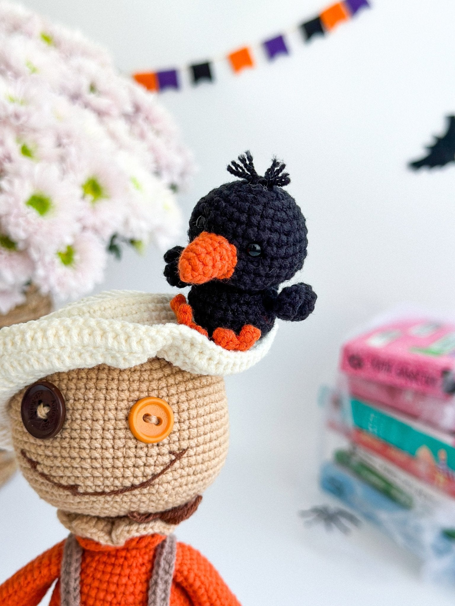 Crochet Scarecrow Doll with Pumpkins & Crow – Handmade Halloween Amigurumi Gift - WoollyFox