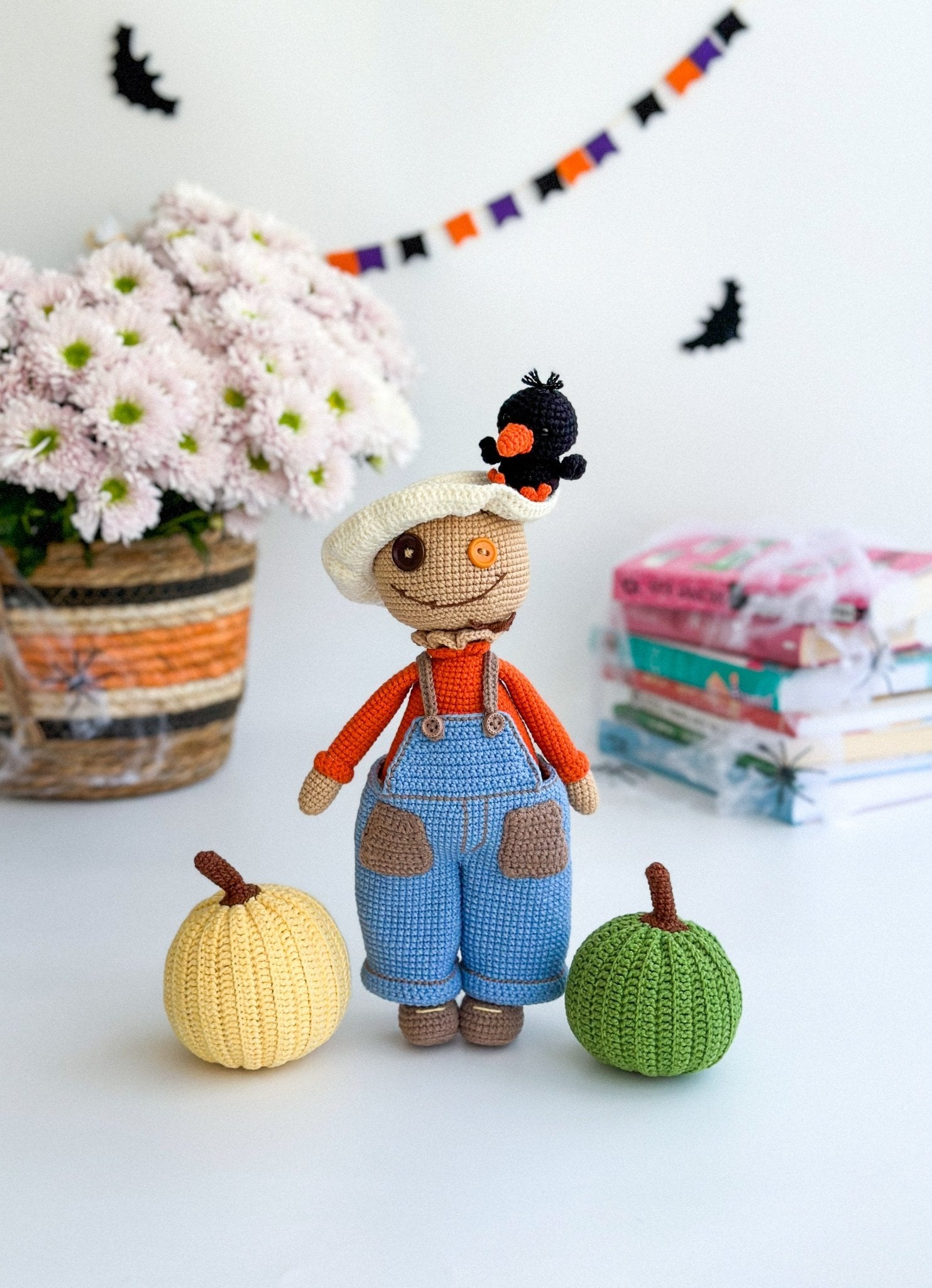 Crochet Scarecrow Doll with Pumpkins & Crow – Handmade Halloween Amigurumi Gift - WoollyFox