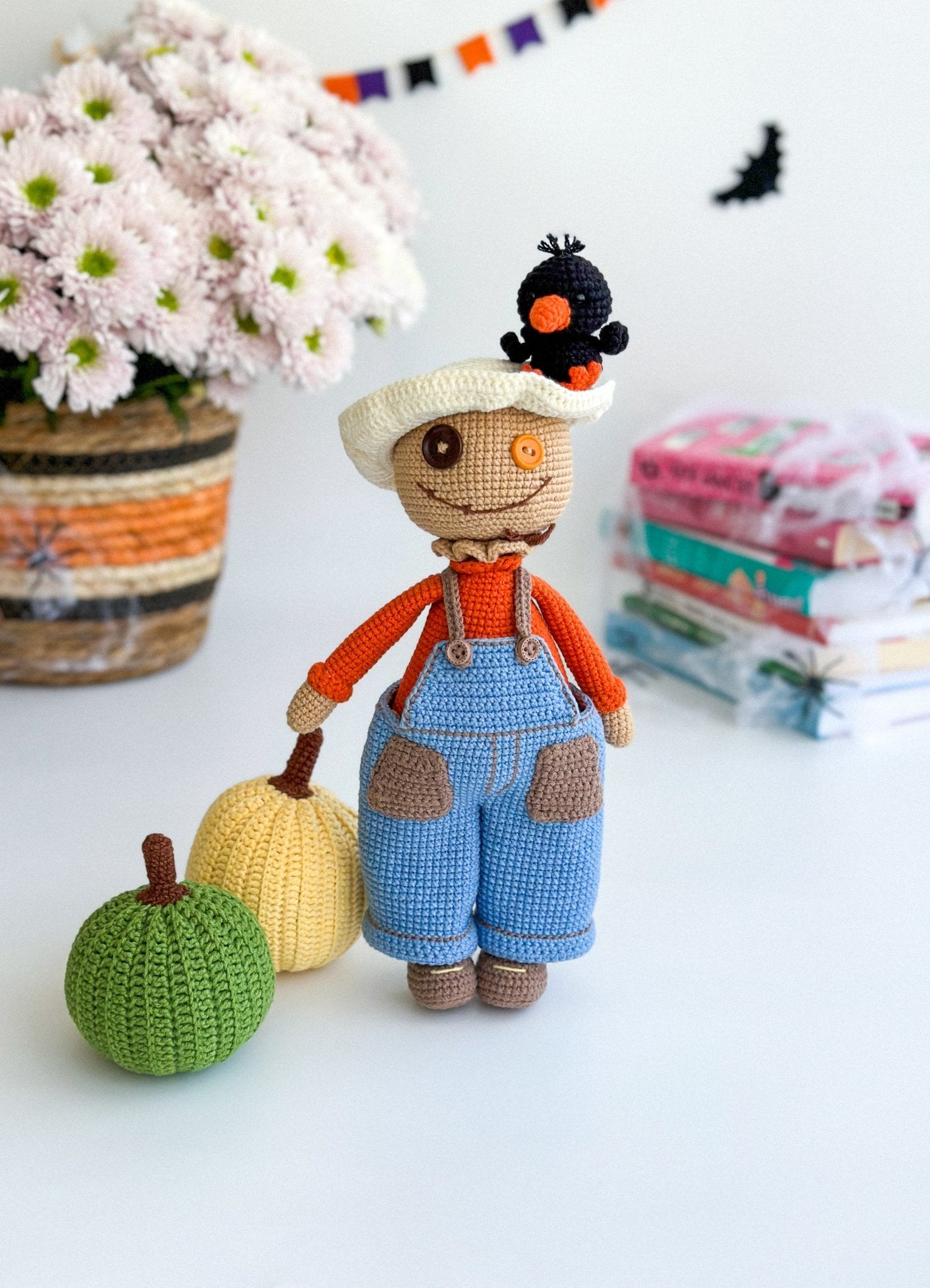 Crochet Scarecrow Doll with Pumpkins & Crow – Handmade Halloween Amigurumi Gift - WoollyFox
