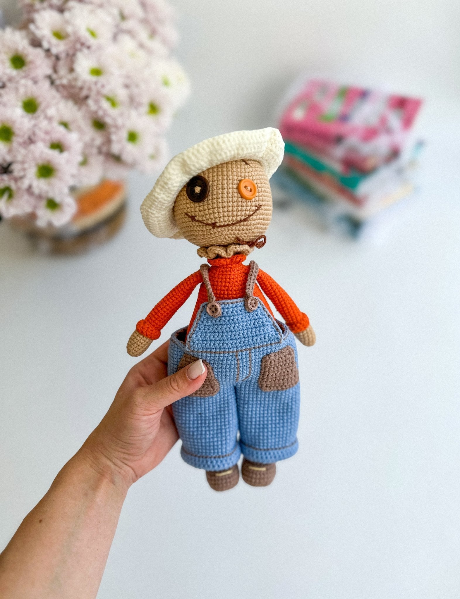 Crochet Scarecrow Doll with Pumpkins & Crow – Handmade Halloween Amigurumi Gift - WoollyFox