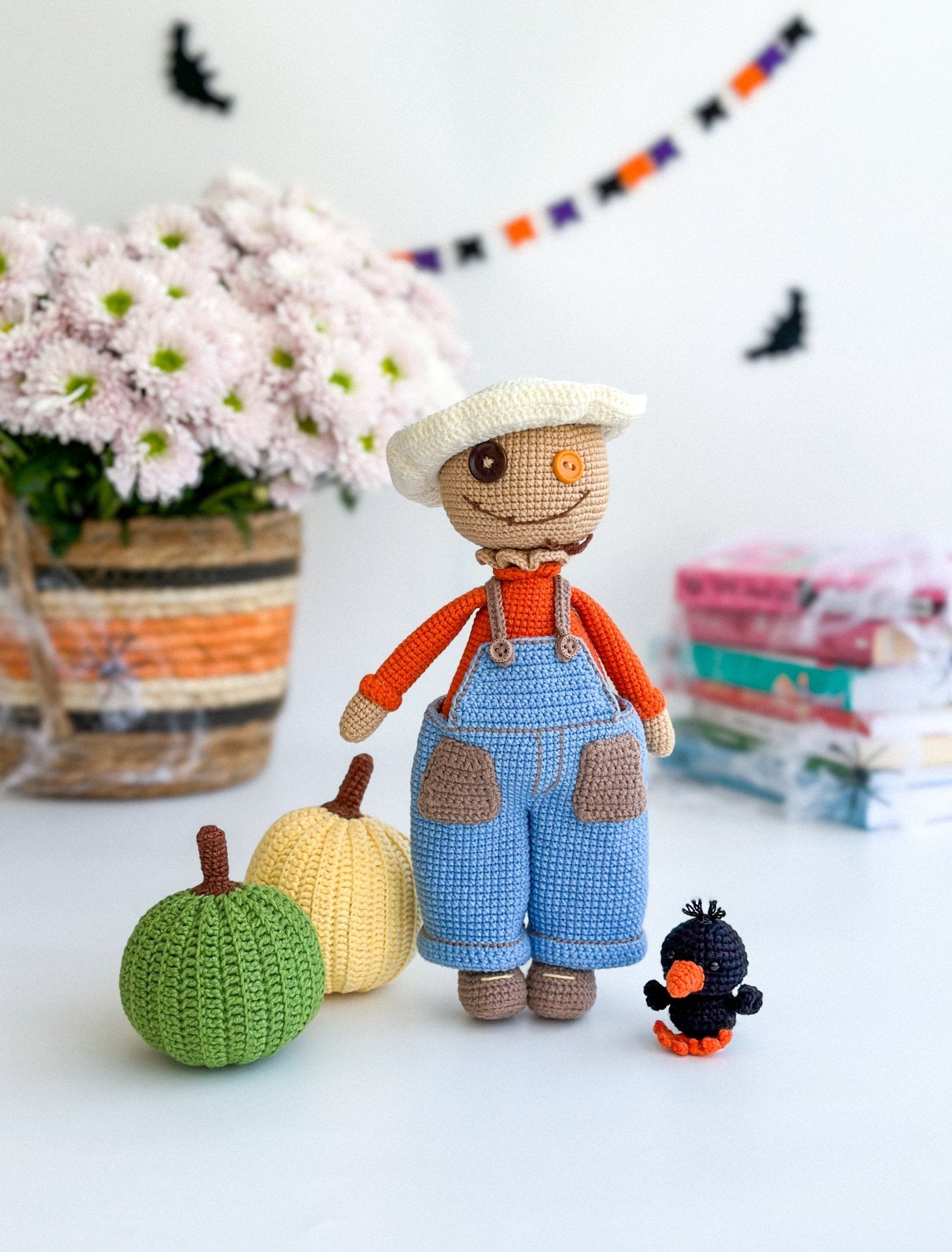 Crochet Scarecrow Doll with Pumpkins & Crow – Handmade Halloween Amigurumi Gift - WoollyFox
