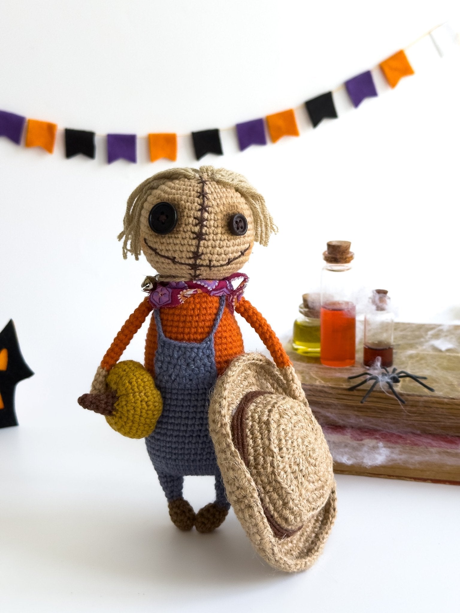 Crochet Scarecrow with Pumpkin – Handmade Fall Amigurumi Doll with Hat - WoollyFox