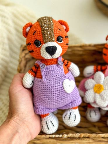 Crochet Tiger Boy Toy in Overalls – Amigurumi Baby Gift Handmade - WoollyFox