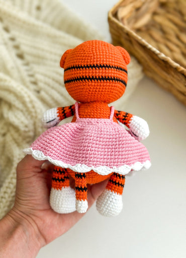 Crochet Tiger Toy in Pink Dress – Amigurumi Baby Gift for Girl or Boy - WoollyFox