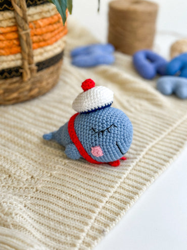 Crochet Whale in a Hat – Handmade Cotton Yarn Amigurumi Plush - WoollyFox