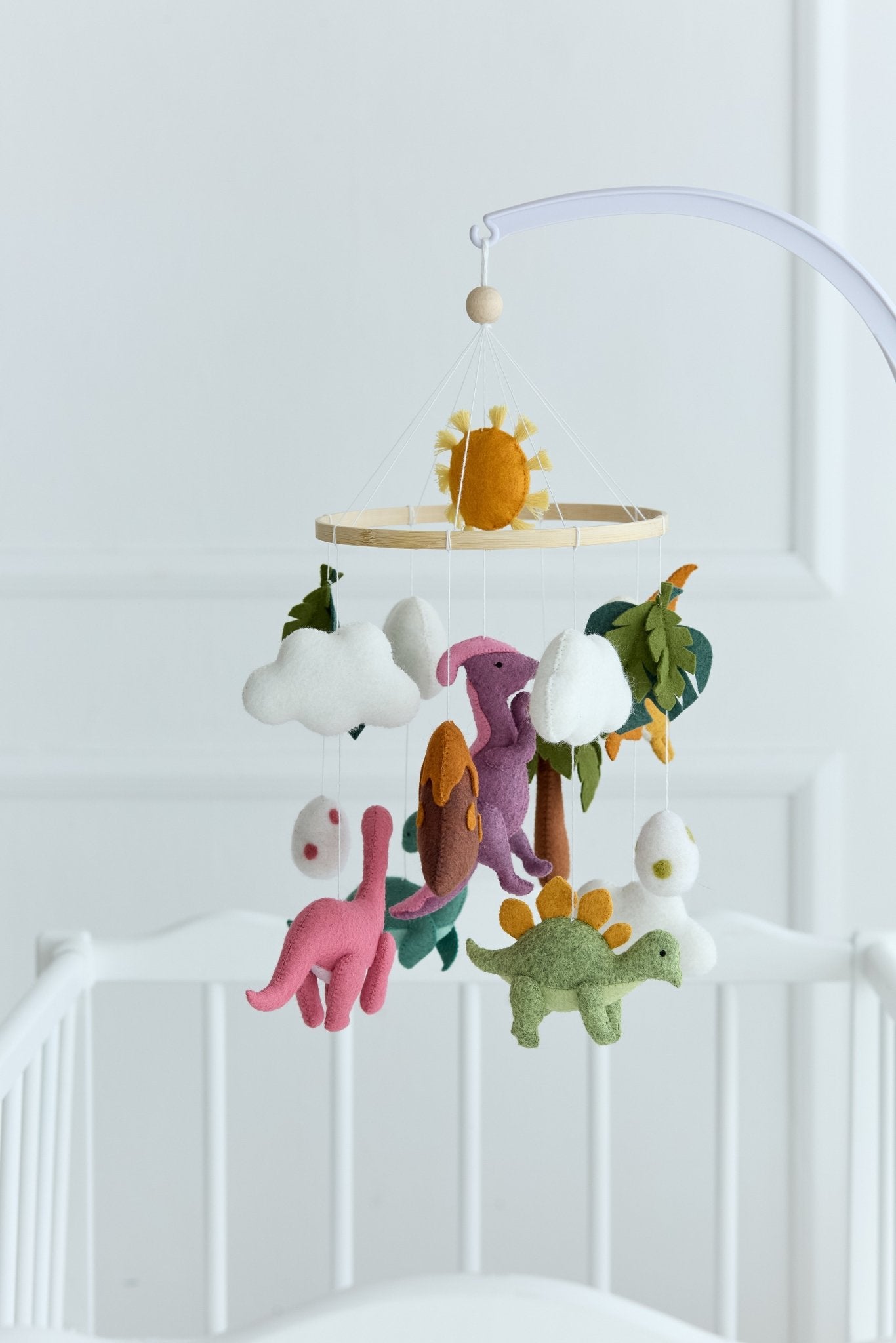 Dinosaur Baby Mobile – Handmade Crib Mobile with Palm Tree, Sun, and Volcano - WoollyFox