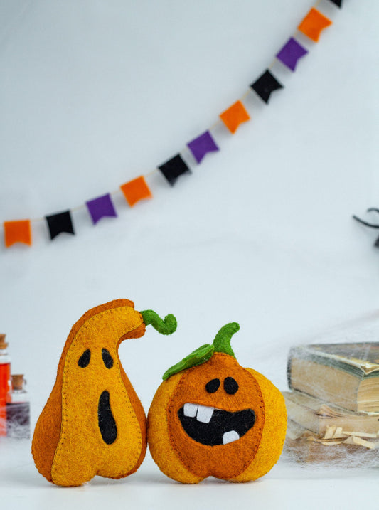 Felt Halloween Pumpkins – Set of 2 Funny Spooky Ornaments for Halloween Decor - WoollyFox