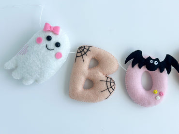 Ghost “BOO” Wall Hanging – Handmade Felt Halloween Garland with Ghosts, Bat & Letters - WoollyFox