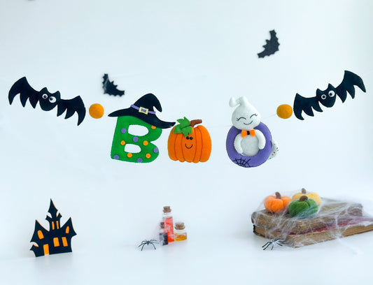 Halloween Felt Garland – Boo Banner with Ghost, Pumpkin & Bats – Handmade Spooky Decoration - WoollyFox