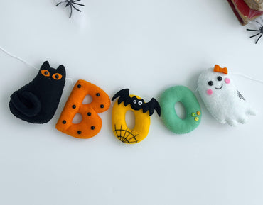Halloween Felt Garland “BOO” – Ghost, Bat, Cat & Letter Decor for Halloween Baby Shower or Wall Hanging - WoollyFox