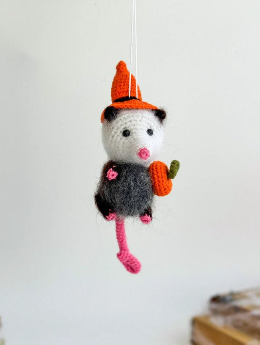 Halloween Opossum – Handmade Crochet Possum Ornament with Pumpkin – Spooky Cute Halloween Decoration - WoollyFox
