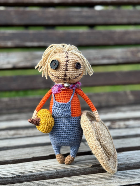 Handmade Crochet Scarecrow Plush with Pumpkin – Rustic Fall & Halloween Amigurumi Doll - WoollyFox