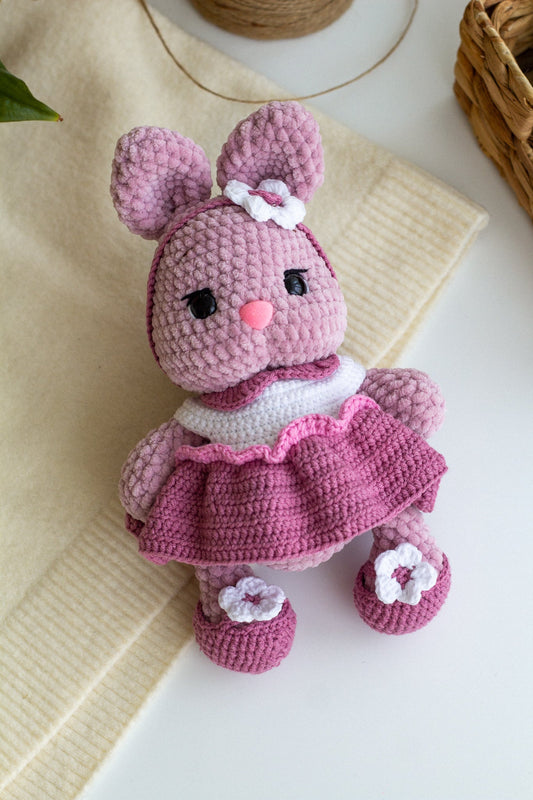 Pastel Crochet Bunny in Dress – Handmade Amigurumi Rabbit Plush - WoollyFox