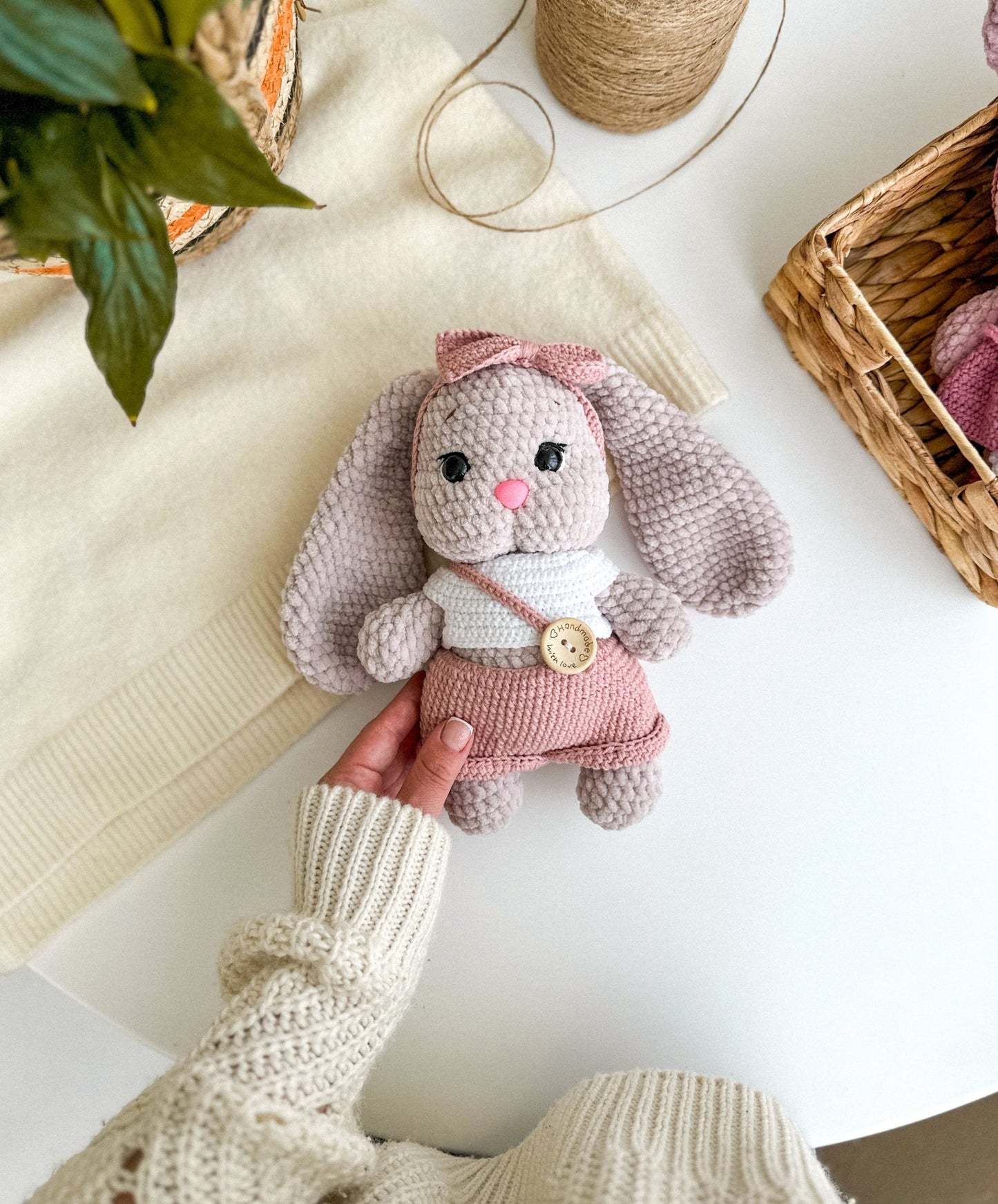 Pastel Plush Bunny in Overalls – Handmade Crochet Baby Gift - WoollyFox