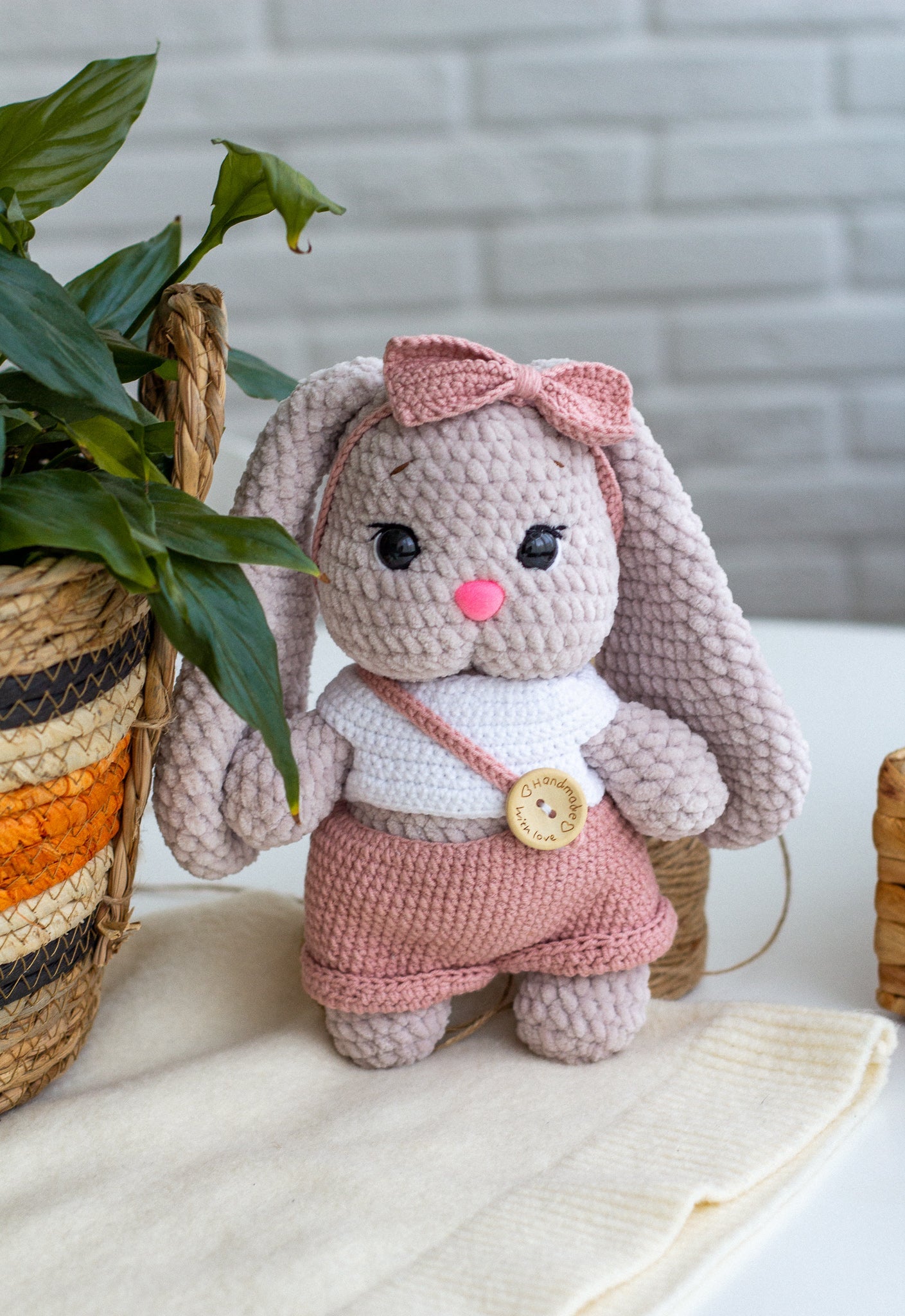 Pastel Plush Bunny in Overalls – Handmade Crochet Baby Gift - WoollyFox