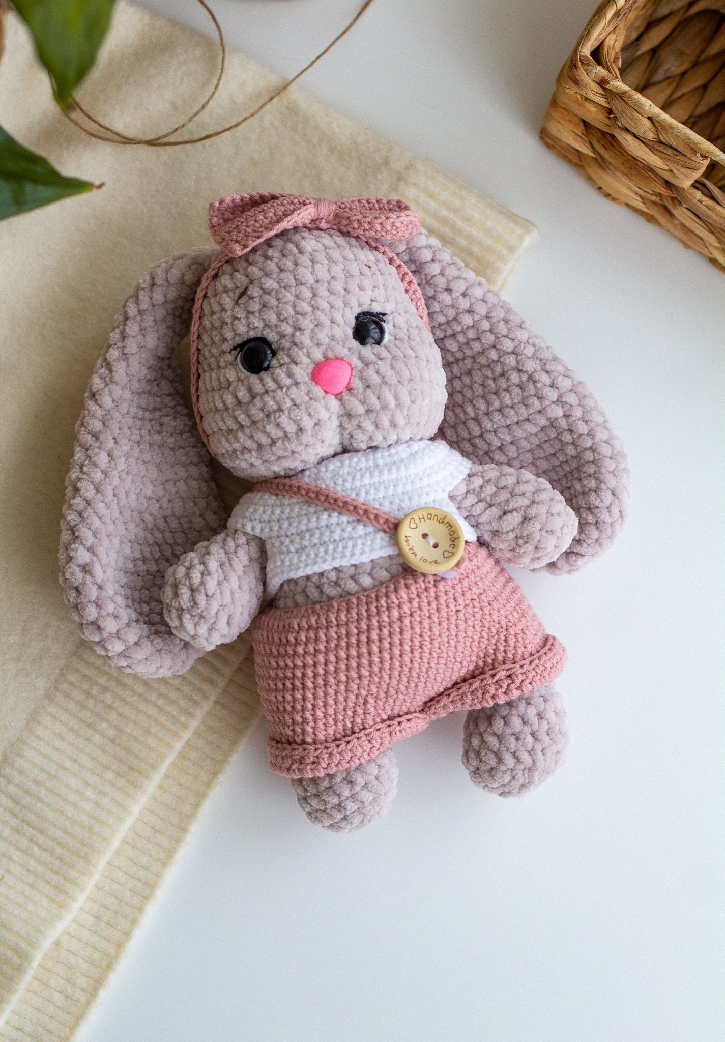 Pastel Plush Bunny in Overalls – Handmade Crochet Baby Gift - WoollyFox