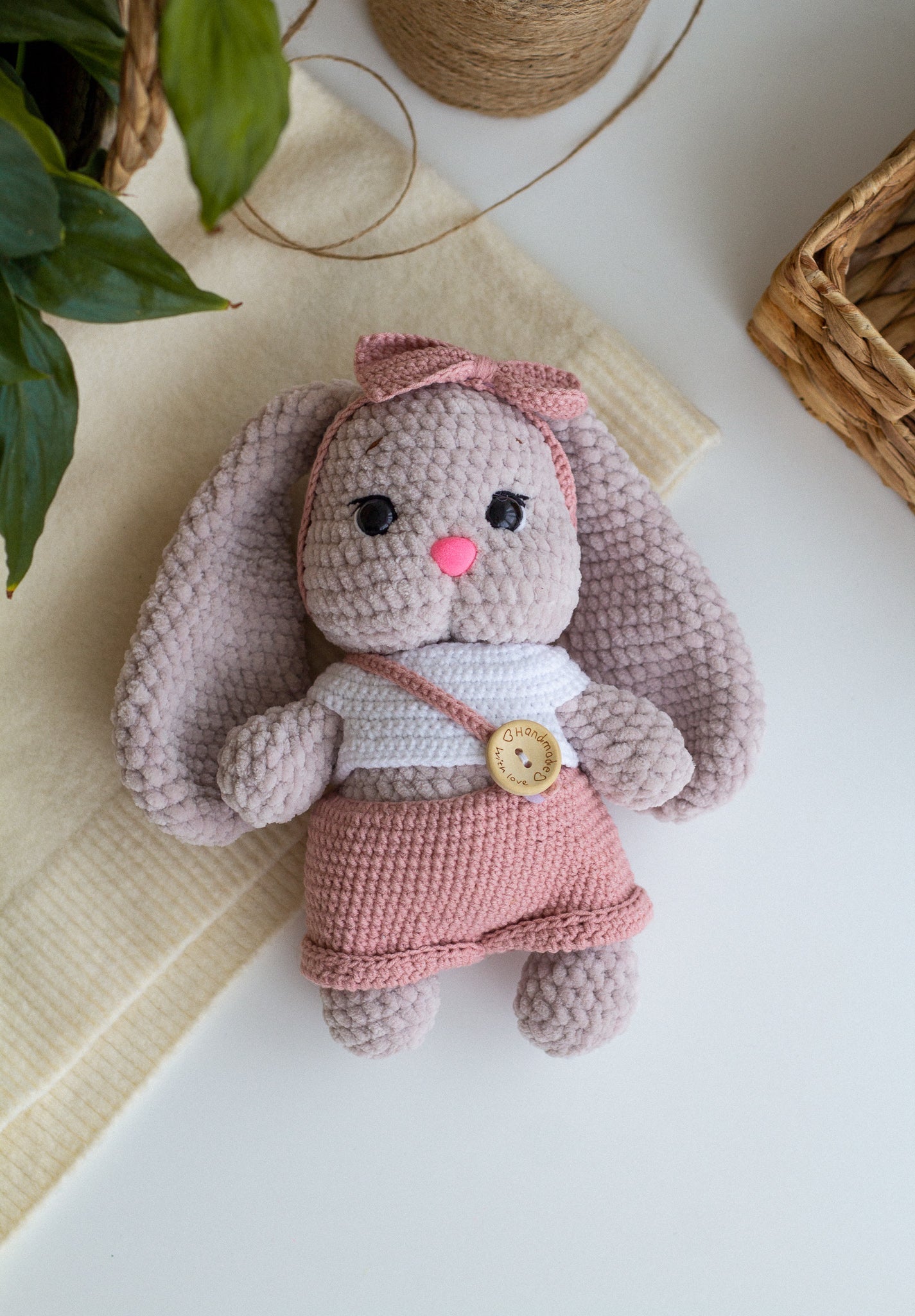 Pastel Plush Bunny in Overalls – Handmade Crochet Baby Gift - WoollyFox
