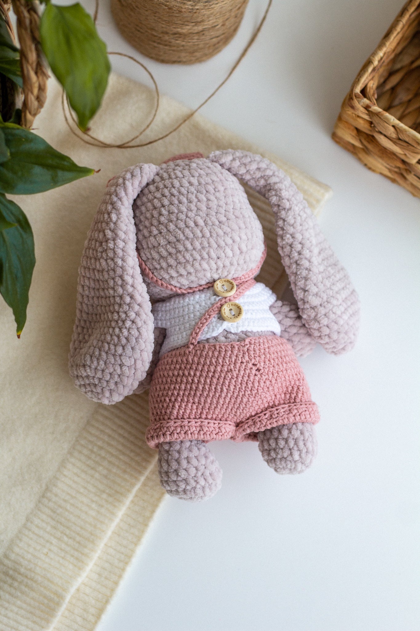 Pastel Plush Bunny in Overalls – Handmade Crochet Baby Gift - WoollyFox