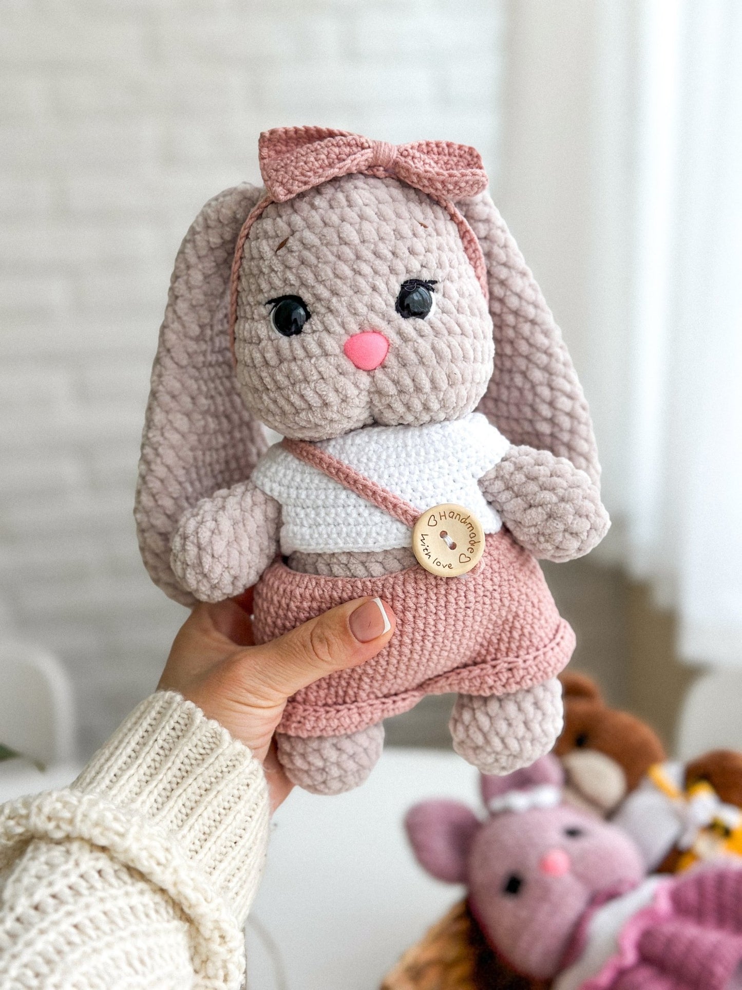 Pastel Plush Bunny in Overalls – Handmade Crochet Baby Gift - WoollyFox