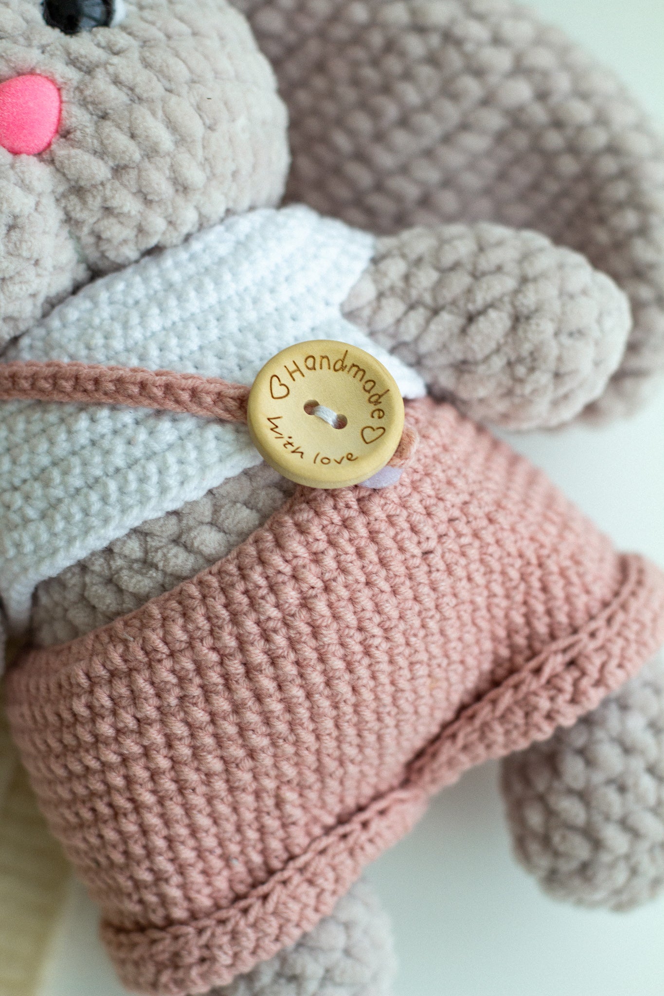 Pastel Plush Bunny in Overalls – Handmade Crochet Baby Gift - WoollyFox