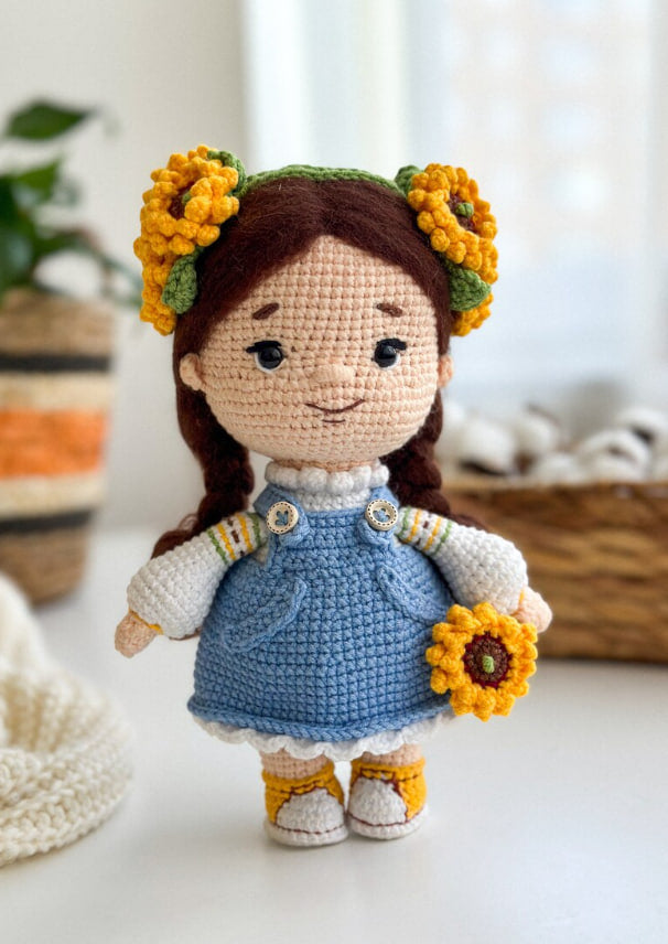 Handmade Ukrainian crochet doll with sunflowers in traditional folk dress – amigurumi gift decor