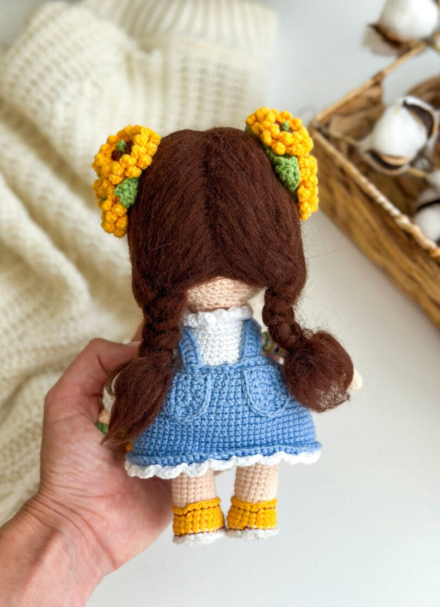 Handmade Ukrainian crochet doll with sunflowers in traditional folk dress – amigurumi gift decor