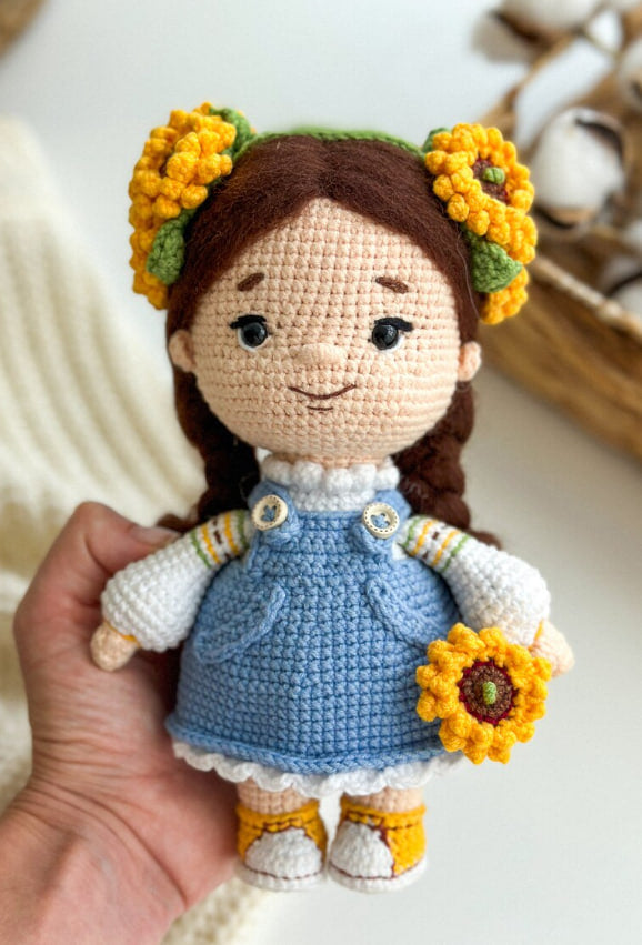 Handmade Ukrainian crochet doll with sunflowers in traditional folk dress – amigurumi gift decor