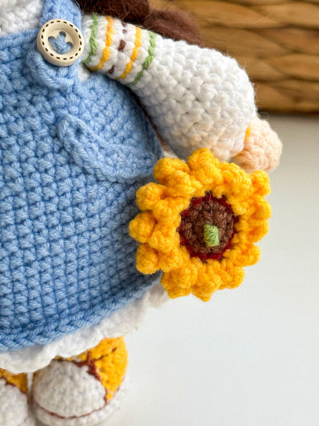 Handmade Ukrainian crochet doll with sunflowers in traditional folk dress – amigurumi gift decor