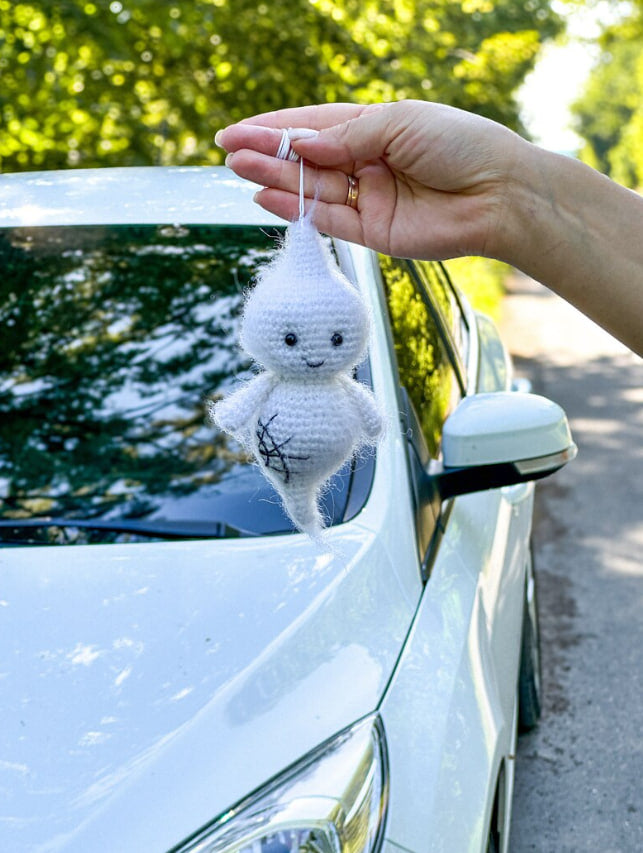 Crochet Ghost Car Charm – Rearview Mirror Halloween Gift Ornament