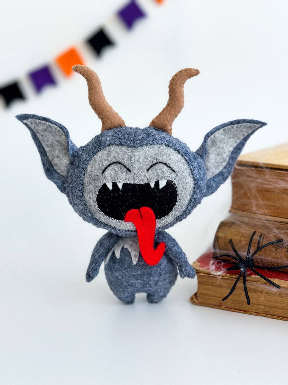 Handmade Halloween Krampus ornament – spooky amigurumi decoration, 11×8×3 cm