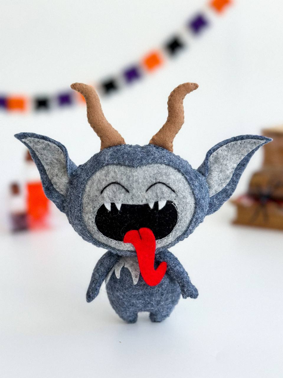 Handmade Halloween Krampus ornament – spooky amigurumi decoration, 11×8×3 cm