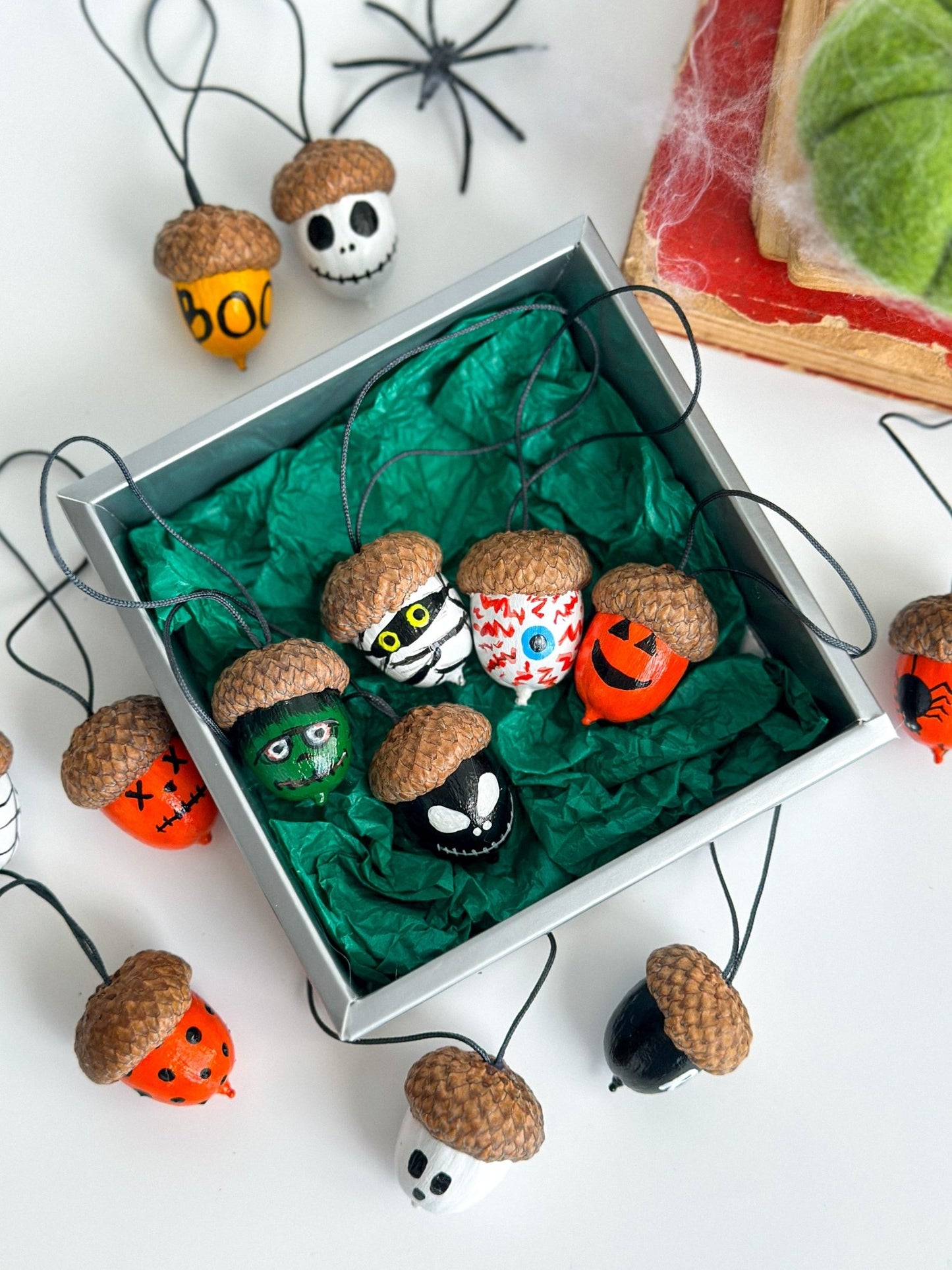 Set of 13 Halloween Acorn Ornaments – Hand - Painted Fall Decor for Halloween Tree or Autumn Table - WoollyFox